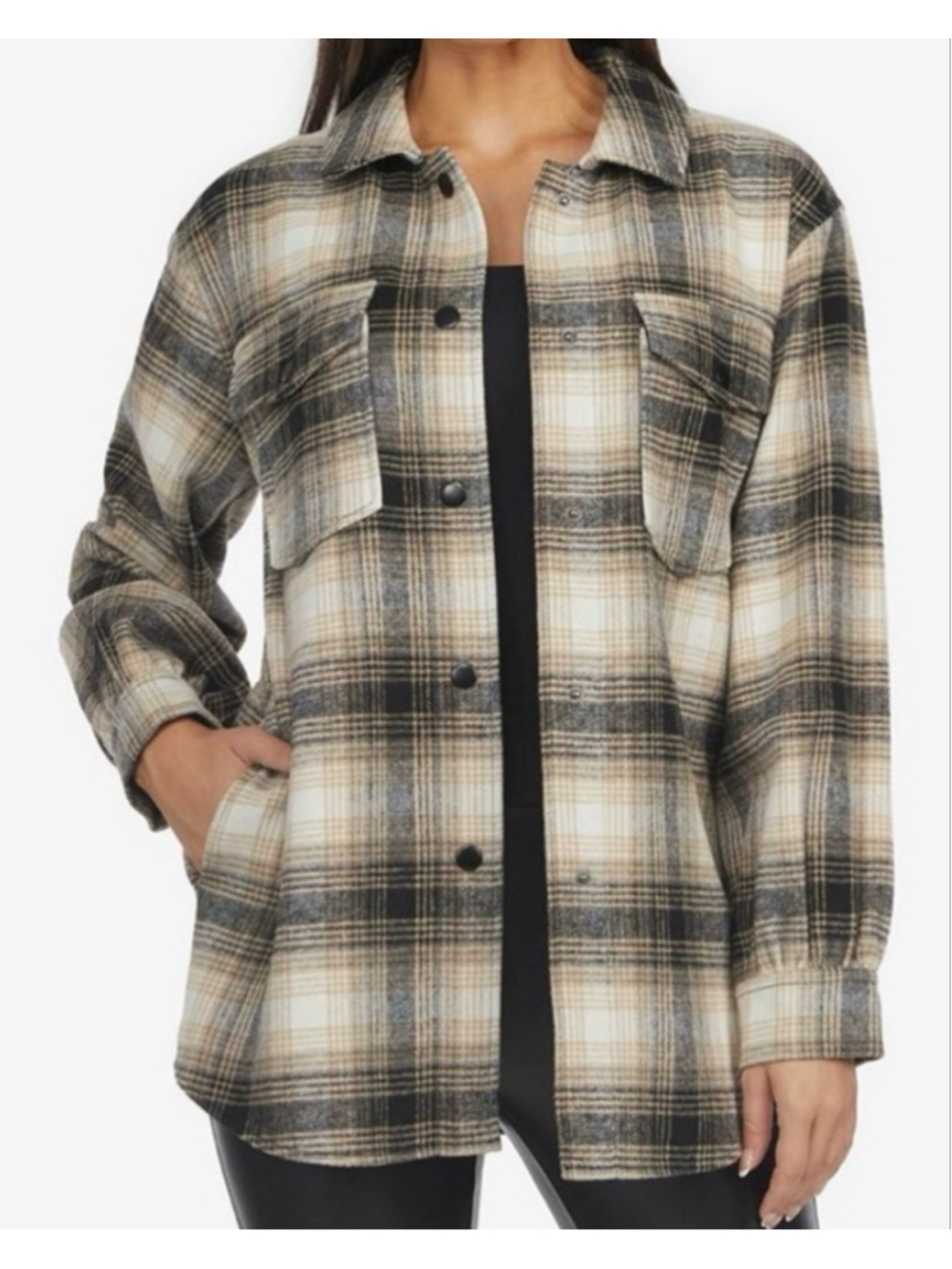 Laundry By Shelli Segal Plaid Belted Utility Shacket Beige Black M NWT - Picture 3 of 14